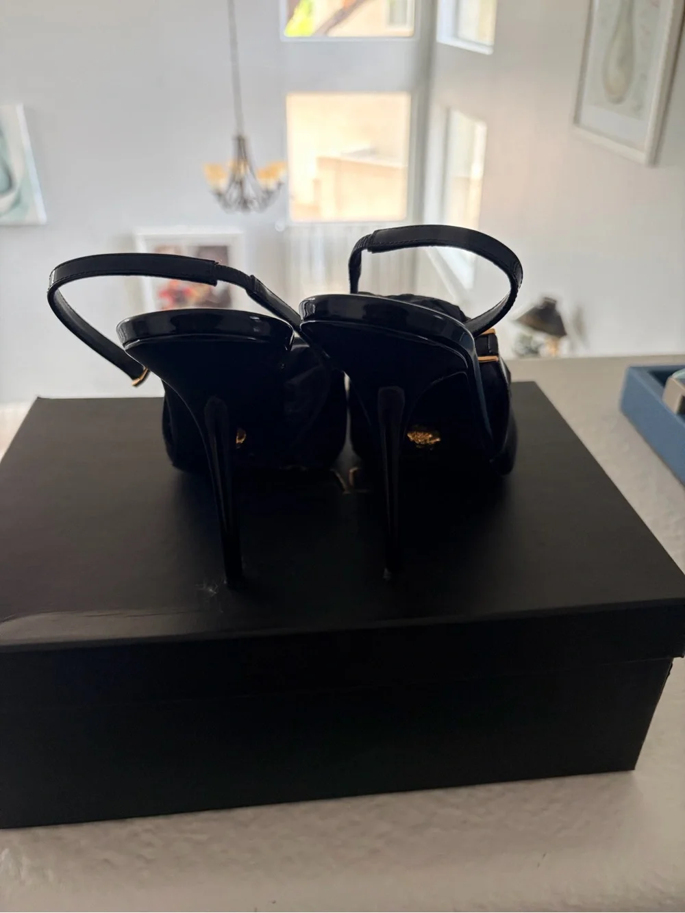 Versace Black Patent Leather Pointed Slingback Heels with Gold Medusa - Picture 4 of 10